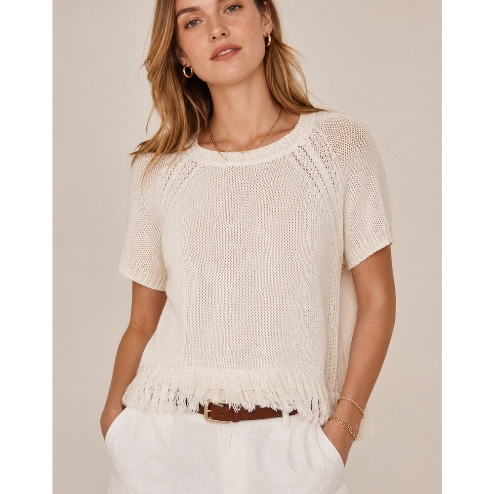 J.Crew 100% Linen Open Knit Fringe Hem Sweater Top White Small
